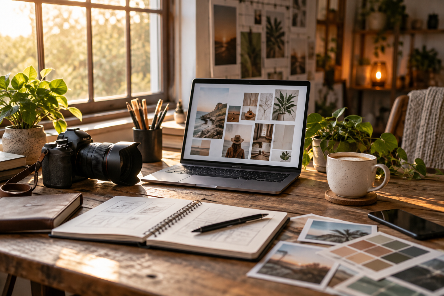 Camera, notebook and creative planning workspace